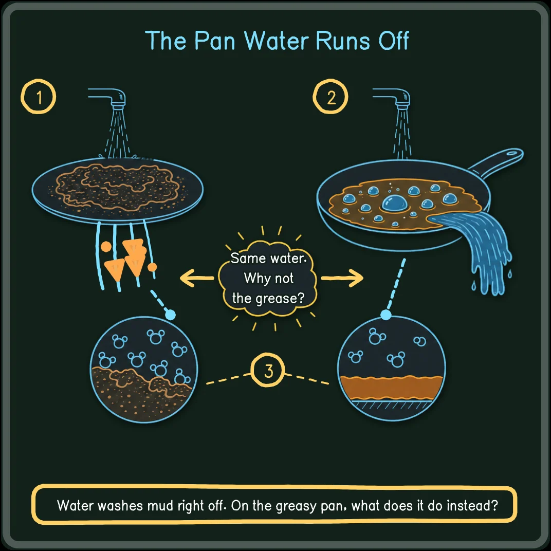 Illustrated board comparing water on mud and grease
